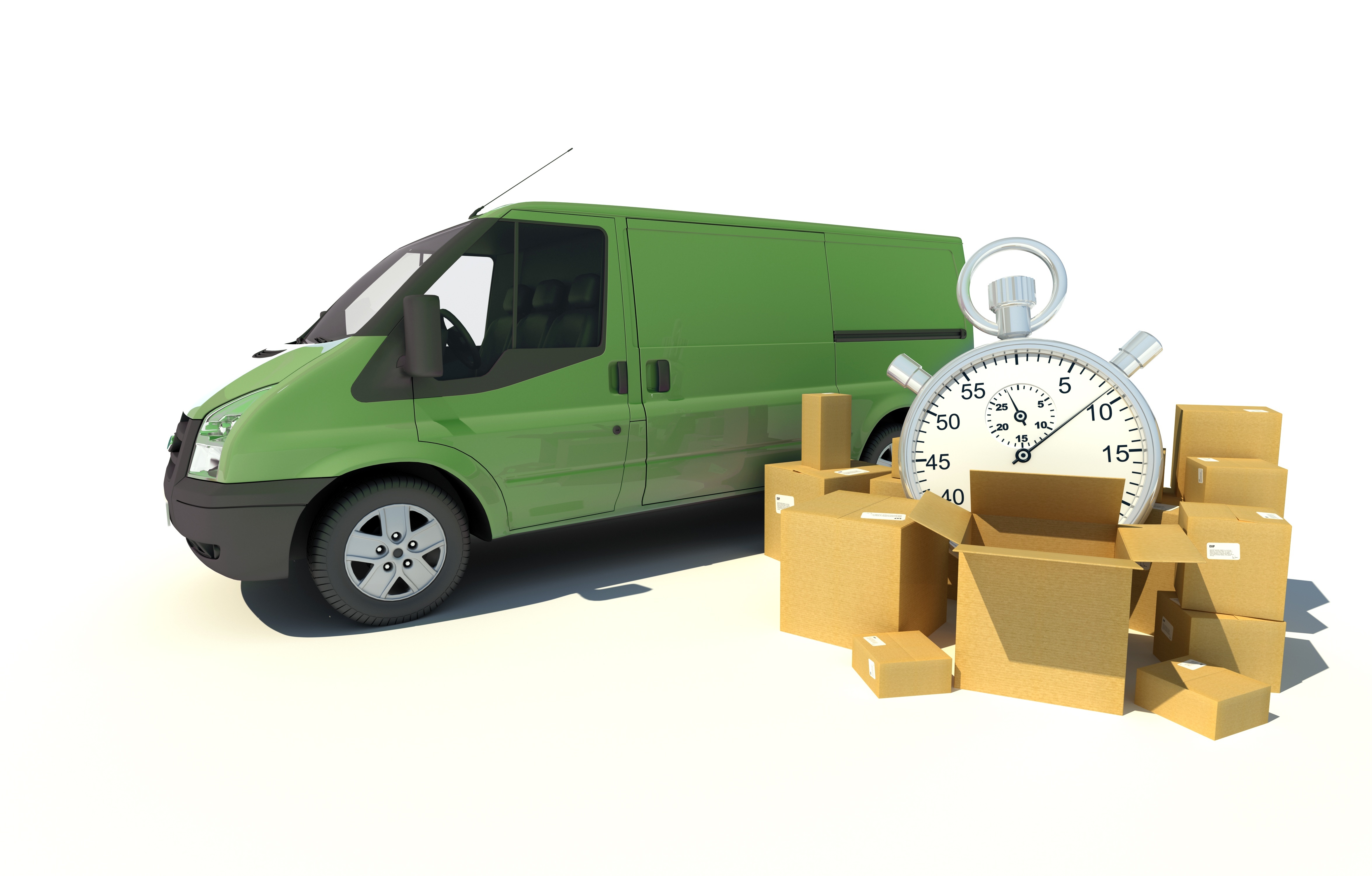 13354579 - 3d rendering of a green van, a pile of boxes and a chronometer